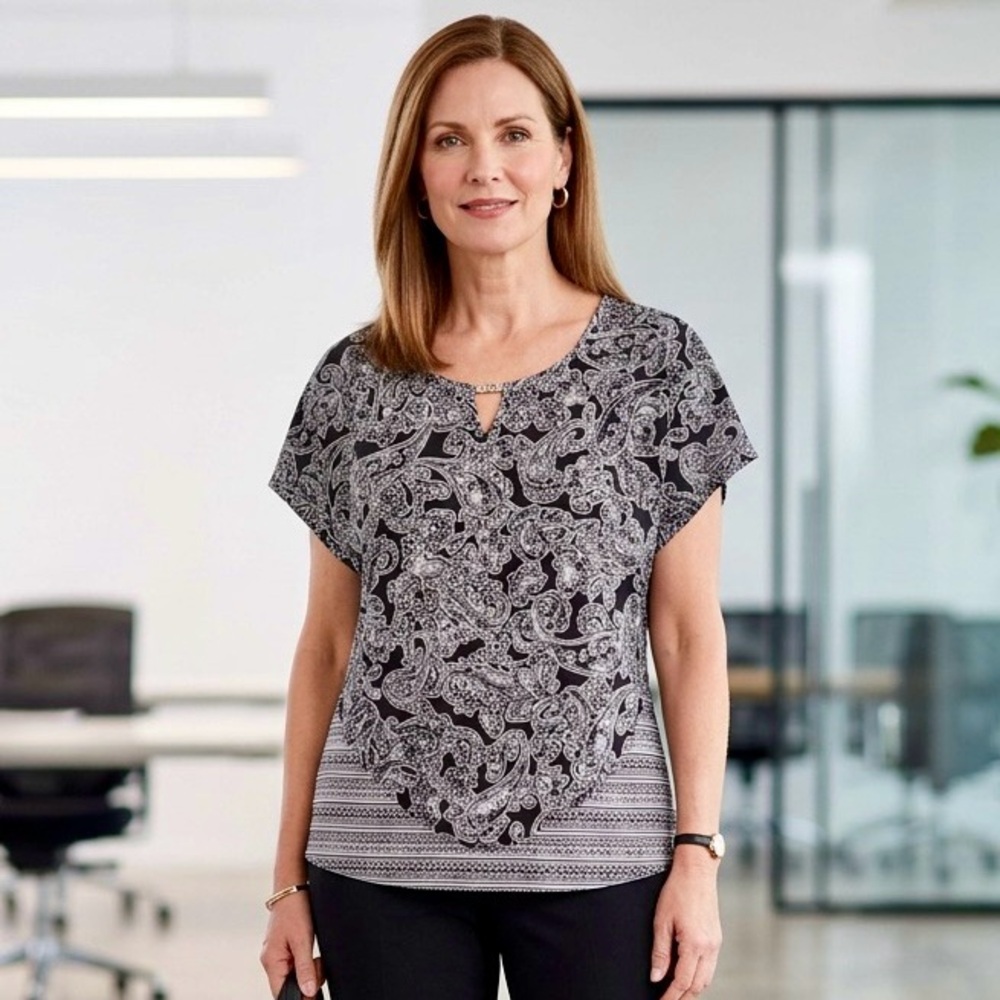 Kim Rogers Black & White Paisley Tunic Top V-Neck Kimono Flowing Sleeves-XL-#154